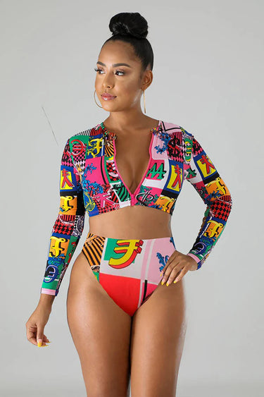 Block Print Long Sleeve Zipper-Up Crop Swimsuit
